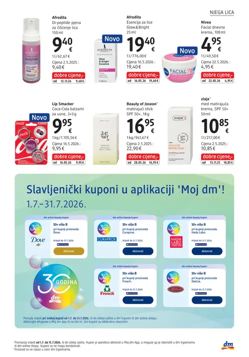 dm katalog — stranica 27: Beauty of Joseon Beauty of Joseon matirajući stick SPF 50+, Afrodita Afrodita Esencija za lice Glow & Bright, Nivea Nivea Facial dnevna krema, Lip Smacker Lip Smacker Coca-Cola balzami za usne (vrijedi 15. 07. 2026.–29. 07. 2026.)