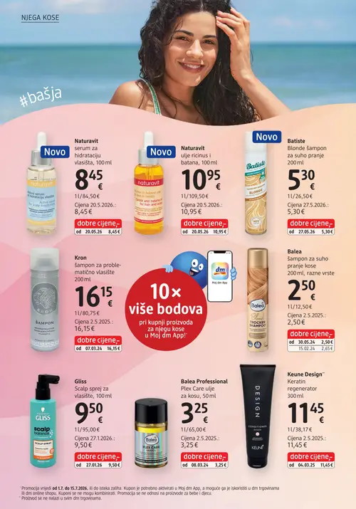 dm katalog — stranica 28: Balea Balea šampon za suho pranje kose, Naturavit Naturavit serum za hidrataciju vlasišta, Naturavit Naturavit ulje ricinus i batana, Batiste Batiste Blonde šampon za suho pranje (vrijedi 15. 07. 2026.–29. 07. 2026.)