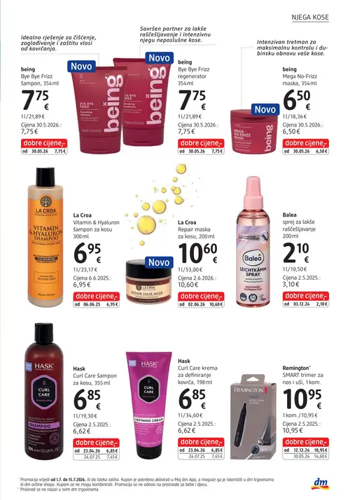 dm katalog — stranica 29: being Being Bye Bye Frizz regenerator, being Being Mega No-Frizz maska, La Croa La Croa Vitamin & Hyaluron šampon za kosu, being Being Bye Bye Frizz šampon (vrijedi 15. 07. 2026.–29. 07. 2026.)