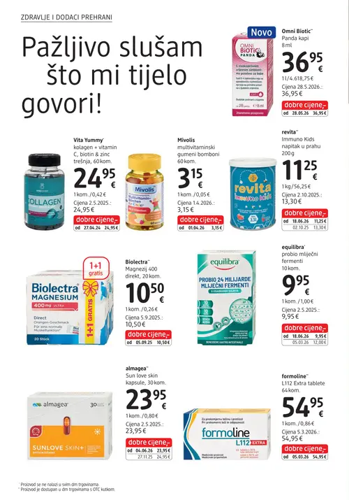 dm katalog — stranica 30: equilibra equilibra® probio mliječni fermenti, revita revita® Immuno Kids napitak u prahu, almagea almagea® Sun love skin kapsule, Omni Biotic Omni Biotic® Panda kapi (vrijedi 15. 07. 2026.–29. 07. 2026.)