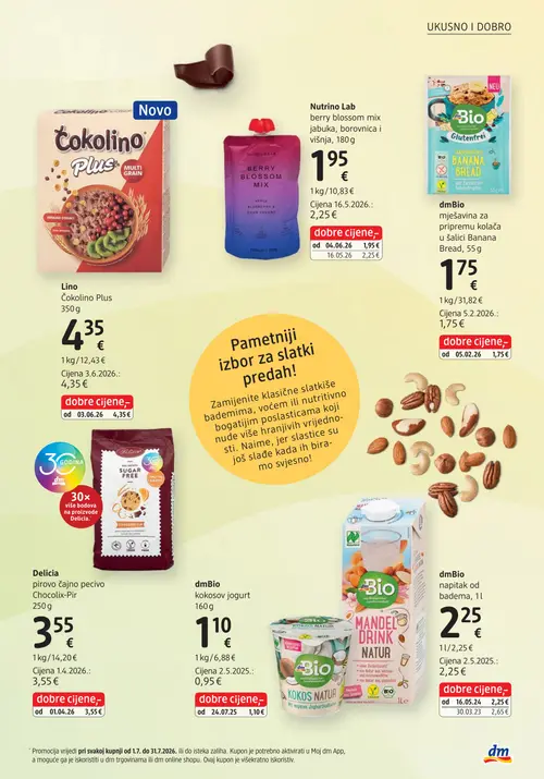dm katalog — stranica 33: Nutrino Lab berry blossom mix jabuka, borovnica i višnja, dmBio Banana Bread, Lino Čokolino Plus, Delicia pirovo čajno pecivo Chocolix-Pir (vrijedi 15. 07. 2026.–29. 07. 2026.)