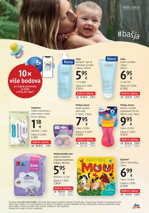 dm katalog — stranica 35: Philips Avent Philips Avent bočica s tvrdim nastavkom 18+ mj., Philips Avent Philips Avent duda varalica ultra soft, Violeta Violeta double care vlažne maramice organsko bademovo mlijeko, ziaja ziaja šampon i gel za tuširanje za bebe i djecu (vrijedi 15. 07. 2026.–29. 07. 2026.)