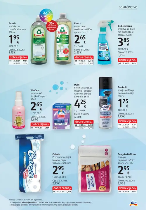 dm katalog — stranica 37: Frosch Frosch sredstvo za posuđe aloe vera 750 ml, Frosch Frosch univerzalno sredstvo za čišćenje s octom, 1 l, Dr.Beckmann Dr.Beckmann sredstvo za čišćenje hladnjaka u spreju, 250 ml, We Care We Care sprej za WC školjku Pre poo 50 ml (vrijedi 15. 07. 2026.–29. 07. 2026.)