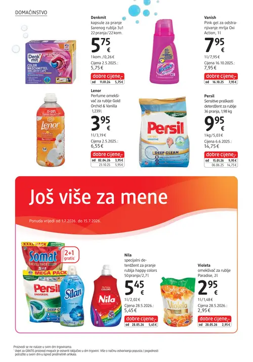 dm katalog — stranica 38: Lenor Lenor Perfume omekšivač za rublje Gold Orchid & Vanilla, Persil Persil Sensitive praškasti deterdžent za rublje, Denkmit Denkmit kapsule za pranje šarenog rublja 3u1, Vanish Vanish Pink gel za odstranjivanje mrlja Oxi Action (vrijedi 15. 07. 2026.–29. 07. 2026.)