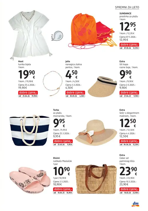 dm katalog — stranica 7: jolie jolie nanogica zlatna perlice, SUNDANCE SUNDANCE prostirka za plažu, Hoot Hoot tunika bijela (vrijedi 15. 07. 2026.–29. 07. 2026.)