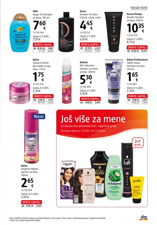 dm katalog — stranica 19: Balea Balea Glossy & Shine gel-vosak za sjaj kose, Balea Professional Balea Professional Silber Glanz šampon za kosu, Keune Keune Design Keratin šampon za kosu, OGX OGX Argan Oil šampon za kosu (vrijedi 15. 08. 2026.–29. 08. 2026.)