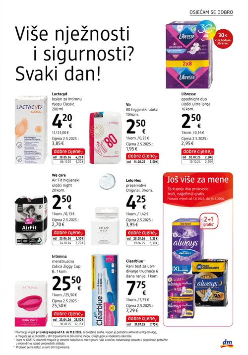 dm katalog — stranica 25: Vir higijenski ulošci, Lactacyd losion za intimnu njegu Classic, Lelo Hex Lelo Hex prezervativi Original, Clearblue Clearblue Rani test za utvrđivanje trudnoće (vrijedi 15. 08. 2026.–29. 08. 2026.)
