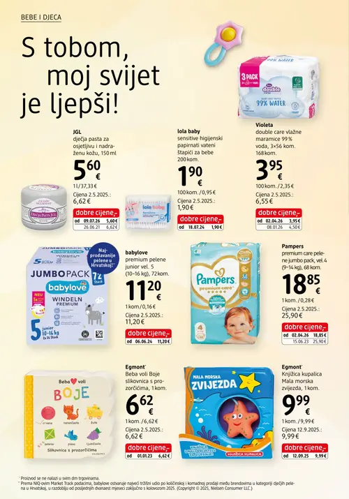 dm katalog — stranica 32: Pampers Pampers premium care pelene, JGL JGL dječja pasta za osjetljivu i nadraženu kožu, Violeta double care vlažne maramice, lola baby lola baby sensitive higijenski papirnati vateni štapići za bebe (vrijedi 15. 08. 2026.–29. 08. 2026.)