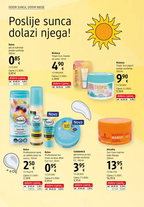 dm katalog — stranica 4: Balea Balea gel za tuširanje poslije sunčanja 300 ml, Afrodita Afrodita Sun Care marmelada Mango, Balea Balea Professional sprej za zaštitu kose na suncu, 150 ml, Biobaza Biobaza Tropic Sun maslac za usne, 10 ml (vrijedi 15. 08. 2026.–29. 08. 2026.)