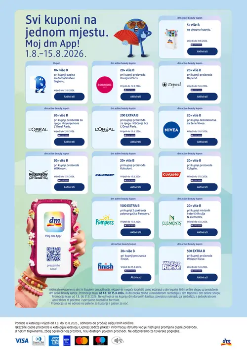 dm katalog — stranica 40: dm active beauty kupon: 5x više B na ukupnu kupnju, dm active beauty kupon: 10x više B pri kupnji papira za domaćinstvo i higijenu., Bourjois Paris dm active beauty kupon: 20x više B pri kupnji proizvoda Bourjois Paris., Depend dm active beauty kupon: 20x više B pri kupnji proizvoda Depend. (vrijedi 15. 08. 2026.–29. 08. 2026.)