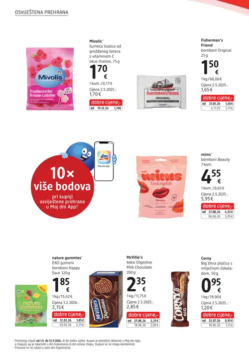 dm katalog — stranica 10: mims bomboni Beauty, McVitie's keksi Digestive Milk Chocolate, Corny Big žitna pločica s mlijecnom čokolom, Fisherman's Friend bomboni Original (vrijedi 15. 09. 2026.–29. 09. 2026.)