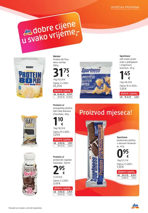 dm katalog — stranica 11: Weider Protein 80 Plus okus vanilije, Protein.si proteinski napitak čokolada, Sportness proteinska pločica s okusom brownie-ja, Protein.si energetska pločica Oat Cake Banana Chocolate (vrijedi 15. 09. 2026.–29. 09. 2026.)