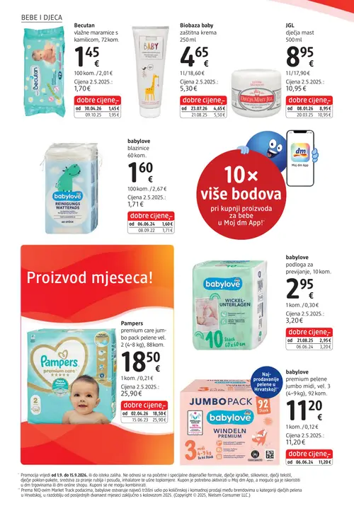 dm katalog — stranica 12: Pampers premium care jumbo pack pelene vel. 2 (4-8 kg), 88 kom., Becutan vlažne maramice s kamilicom, 72 kom., JGL dječja mast 500 ml, Biobaza baby zaštitna krema 250ml (vrijedi 15. 09. 2026.–29. 09. 2026.)