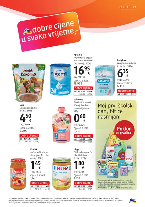 dm katalog — stranica 13: babylove EKO kašica u vrećici, Hipp EKO kašica povrće riži i teletina, Frutek voćna kašica, Aptamil Pronutra™ 3 (vrijedi 15. 09. 2026.–29. 09. 2026.)