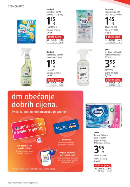 dm katalog — stranica 14: pero sredstvo za čišćenje ružmarin i kadulja 500 ml, Denkmit osvježivač za WC Lemon, 2x48g, 96g, Denkmit sredstvo za čišćenje kupaonice, 750 ml, Zewa Deluxe Delicate Care toaletni papir, 3-slojni, 150 listića, 12 kom. (vrijedi 15. 09. 2026.–29. 09. 2026.)