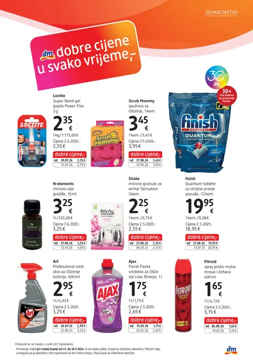 dm katalog — stranica 15: Pitroid sprej protiv muha mrava i žohara 400 ml, Ajax Floral Fiesta sredstvo za čišćenje Lilac Breeze 1 l, Loctite Super Bond gel ljepilo Power Flex 2 g, Scrub Mommy spužvica za čišćenje 1 kom. (vrijedi 15. 09. 2026.–29. 09. 2026.)