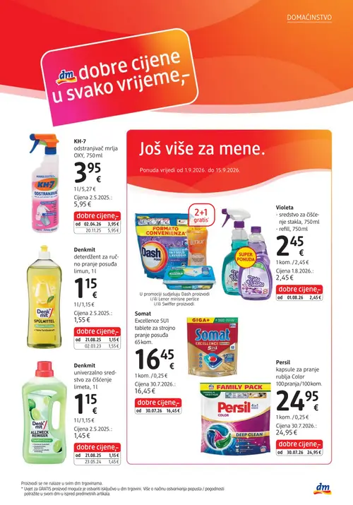dm katalog — stranica 17: KH-7 odstranjivač mrlja OXY, 750 ml, Denkmit deterdžent za ručno pranje posuđa limun, 1 l, Denkmit univerzalno sredstvo za čišćenje limeta, 1 l, Persil kapsule za pranje rublja Color 100 pranja/100kom. (vrijedi 15. 09. 2026.–29. 09. 2026.)