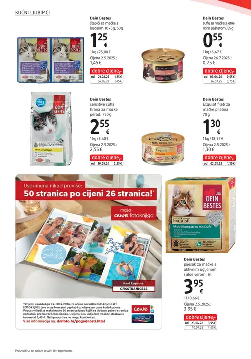 dm katalog — stranica 18: Dein Bestes sufle za mačke s jetrenom paštetom, 85g, Dein Bestes štapići za mačke s lososom, 10x5g, 50g, Dein Bestes pijesak za mačke s aktivnim ugljenom i aloe verom, 6l, Dein Bestes Exquisit pileti za mačke, 70g (vrijedi 15. 09. 2026.–29. 09. 2026.)