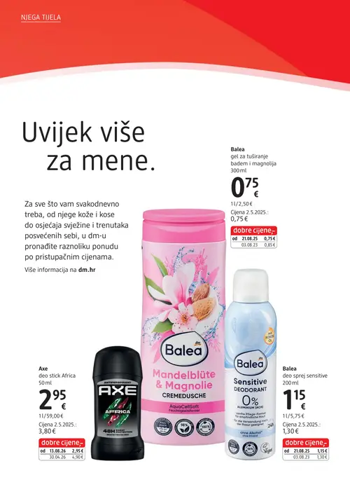 dm katalog — stranica 20: Axe deo stick Africa, Balea deo sprej sensitive, Balea gel za tuširanje badem i magnolija (vrijedi 15. 09. 2026.–29. 09. 2026.)