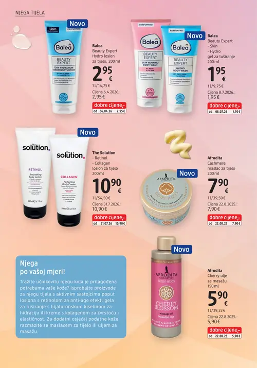 dm katalog — stranica 24: Balea Beauty Expert - Skin - Hydro gel za tuširanje 200 ml, The Solution - Retinol - Collagen losion za tijelo 200 ml, Afrodita Cashmere maslac za tijelo 200 ml, Afrodita Cherry ulje za masažu 150 ml (vrijedi 15. 09. 2026.–29. 09. 2026.)