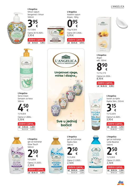 dm katalog — stranica 27: L'Angelica gel za tuširanje Hydra Skin, L'Angelica gel za tuširanje Linfa Neutral, L'Angelica losion za tijelo Hydra Skin, L'Angelica tekući sapun bergamot i limun (vrijedi 15. 09. 2026.–29. 09. 2026.)