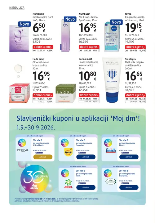 dm katalog — stranica 28: Zorina mast Lardo hidratantna krema za lice, Skíntegra Melt Milk mlijeko za čišćenje lica, Numbuzin maska za lice No.9 NAD, 1 kom., Numbuzin No.9 NAD+Retinol Eye Cream, 10 ml (vrijedi 15. 09. 2026.–29. 09. 2026.)