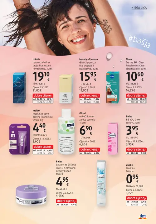 dm katalog — stranica 29: Nivea Derma Skin Clear Rebalance & Clear serum za lice, 30ml, melem maska za usne pčelinji i candelilla vosak, 8 g, L'Adria serum za hidrataciju lica Instant Revitalizing, 30 ml, beauty of Joseon Glow Serum za lice propolis i niacinamid, 30 ml (vrijedi 15. 09. 2026.–29. 09. 2026.)