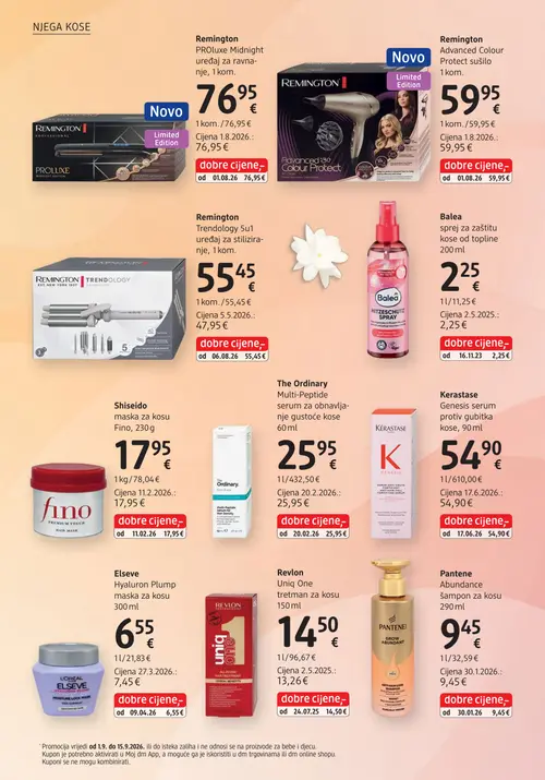 dm katalog — stranica 30: Remington PROluxe Midnight uređaj za ravnanje, 1 kom., Remington Advanced Colour Protect sušilo, Remington Trendology 5u1 uređaj za stiliziranje, 1 kom., Balea sprej za zaštitu kose od topline (vrijedi 15. 09. 2026.–29. 09. 2026.)
