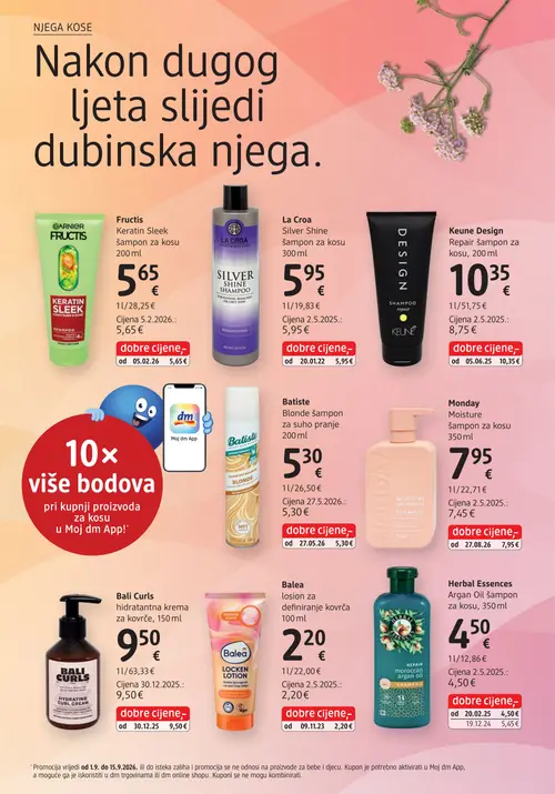 dm katalog — stranica 32: Herbal Essences Argan Oil šampon za kosu, Garnier Fructis Keratin Sleek šampon za kosu, La Croa Silver Shine šampon za kosu, Batiste Blonde šampon za suho pranje (vrijedi 15. 09. 2026.–29. 09. 2026.)