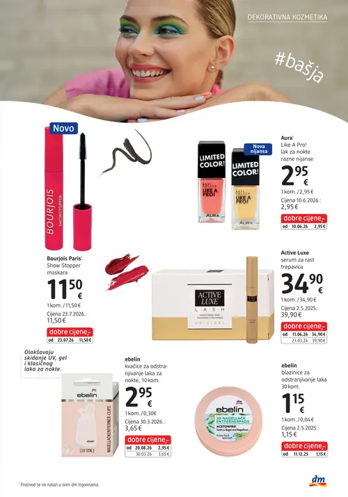 dm katalog — stranica 35: ebelin kvačice za odstranjivanje laka za nokte, 10 kom., Active Luxe serum za rast trepavica, Bourjois Paris Show Stopper maskara, Aura Like A Pro! lak za nokte razne nijanse (vrijedi 15. 09. 2026.–29. 09. 2026.)