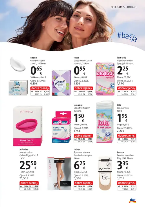 dm katalog — stranica 39: Jessa ulošci Maxi Classic normal, 32 kom., Intimina menstrualna čašica Ziggy Cup A, ebelin vatirani štapići za uši, 160 kom., lola care Sensitive flasteri (vrijedi 15. 09. 2026.–29. 09. 2026.)