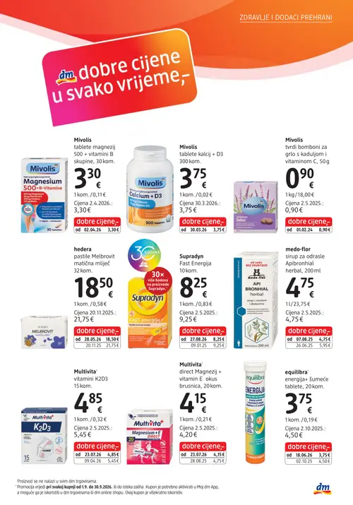 dm katalog — stranica 7: medo-flor sirup za odrasle Apibronchial herbal, 200 ml, equilibra energija+ šumeće tablete, 20 kom., hedra pastile Melbrovit matična mliječ 32 kom., Multivita direct Magnezij + vitamin E okus brusnica, 20 kom. (vrijedi 15. 09. 2026.–29. 09. 2026.)
