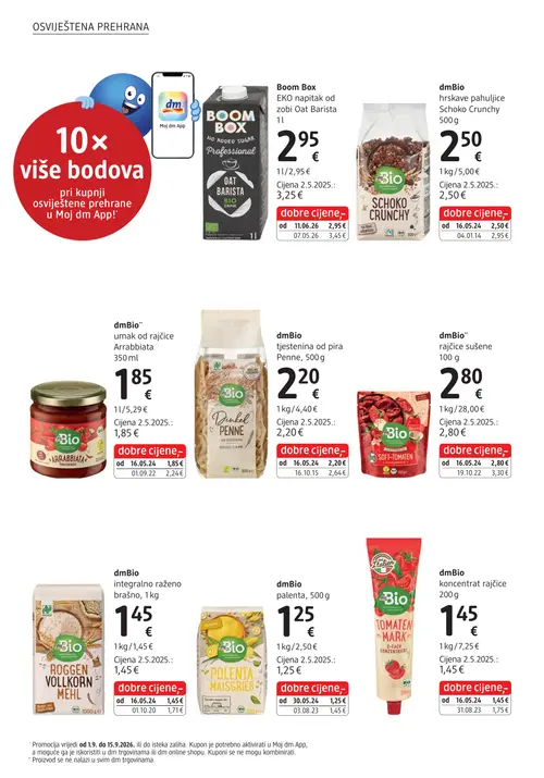 dm katalog — stranica 8: dmBio umak od rajčice Arrabbiata, dmBio koncentrat rajčice, dmBio tjestenina od pira Penne, dmBio hrskave pahuljice Schoko Crunchy (vrijedi 15. 09. 2026.–29. 09. 2026.)