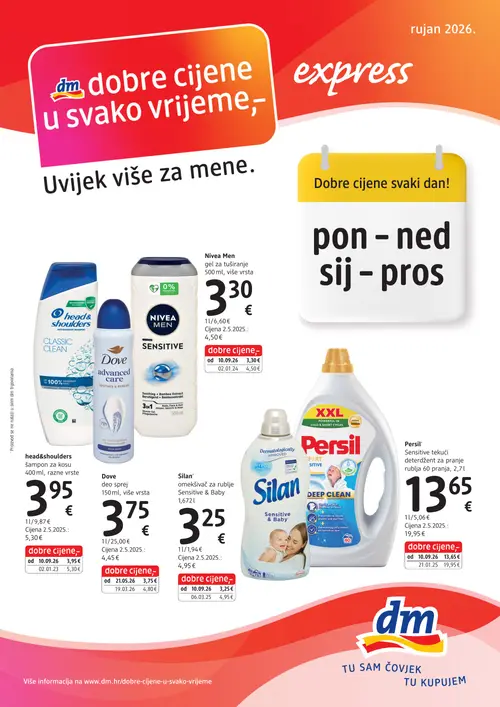 dm katalog — stranica 1: Silan omekšivač za rublje Sensitive & Baby, Persil Sensitive tekući deterdžent za pranje rublja, Nivea Men gel za tuširanje Sensitive, Dove advanced care antiperspirant sprej (vrijedi 30. 09. 2026.–14. 10. 2026.)