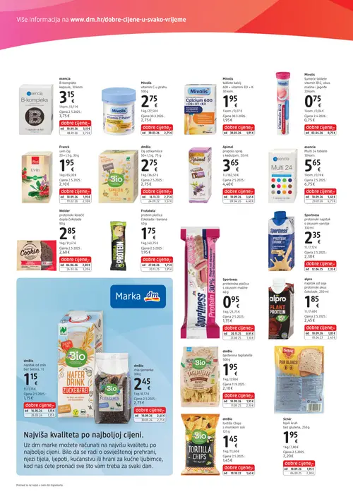 dm katalog — stranica 2: alpro napitak od soje proteinski okus čokolade, 250 ml, dmBio čaj od kamilice, 50 x 1,5 g, 75 g, Apimel propolis sprej s kaduljom, 20 ml, esencia Multi 24 tablete, 30 kom. (vrijedi 30. 09. 2026.–14. 10. 2026.)