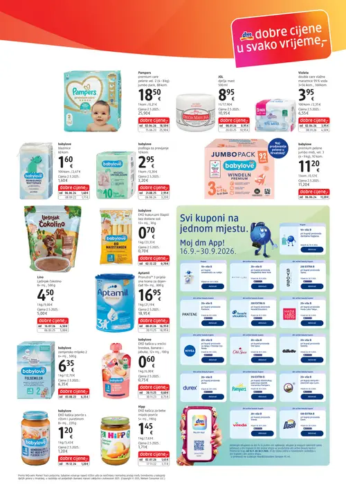 dm katalog — stranica 3: Pampers premium care pelene vel. 2 (4 - 8 kg) jumbo pack, 88 kom., babylove EKO kašica u vrećici breskva, banana i jabuka, 12+ mj., 100 g, JGL dječja mast 500 ml, Hipp EKO kašica za bebe mlado povrće 5+ mj., 190 g (vrijedi 30. 09. 2026.–14. 10. 2026.)