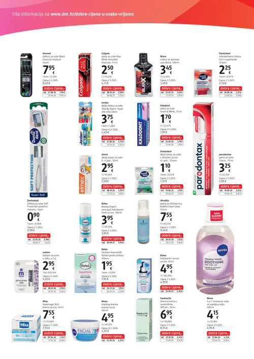 dm katalog — stranica 4: parodontax pasta za zube Classic, 75 ml, Nivea 5-u-1 micelarna voda za osjetljivu kožu 400 ml, Colgate pasta za zube Max White Activated Charcoal, 75 ml, Dontodent Soft Protection (vrijedi 30. 09. 2026.–14. 10. 2026.)