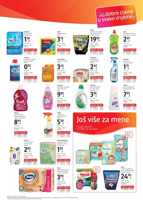 dm katalog — stranica 7: Denkmit sredstvo za čišćenje perilice posuđa 250 ml, Profissimo suhe krpice za brisanje prašine 48 kom., Coccolino deterdžent za pranje rublja Ultra Care 1,48 l, Perwoll Color tekući deterdžent za šareno rublje, 60 pranja, 3 l (vrijedi 30. 09. 2026.–14. 10. 2026.)