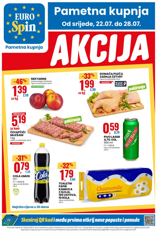 Eurospin katalog — stranica 1: NEKTARINE, DOMAĆA PILEĆA ZADNJA ČETVRT, CHOMMILE TOALETNI PAPIR KAMILICA 3 SLOJA, 150 LISTOVA, 10 ROLA, Cola COLA LIMUN (vrijedi 22. 07. 2026.–28. 07. 2026.)