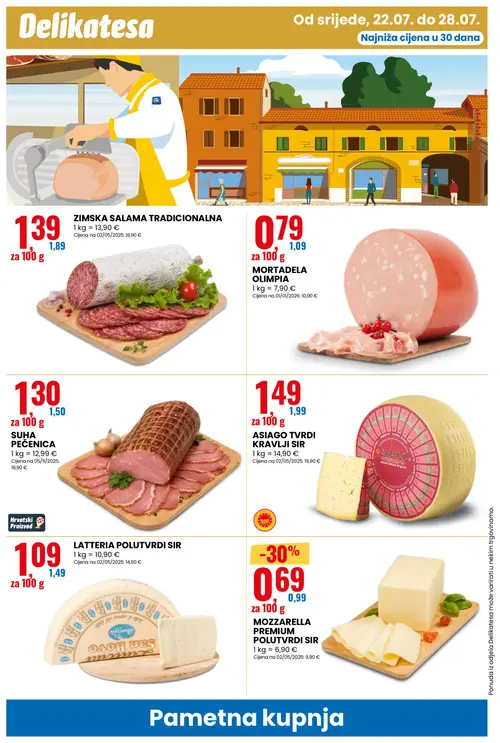 Eurospin katalog — stranica 10: MOZZARELLA PREMIUM POLUTVRDI SIR, MORTADELA OLIMPIA, LATTERIA POLUTVRDI SIR, ZIMSKA SALAMA TRADICIONALNA (vrijedi 22. 07. 2026.–28. 07. 2026.)
