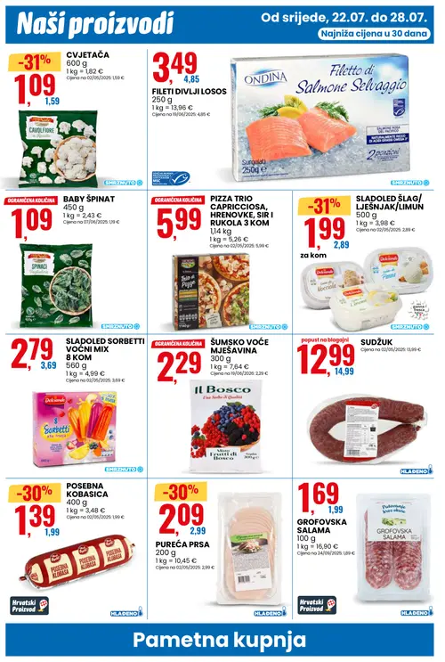 Eurospin katalog — stranica 2: CVJETAČA, Dolciando SLADOLED ŠLAG/LJEŠNJAK/LIMUN, POSEBNA KOBASICA, PUREĆA PRSA (vrijedi 22. 07. 2026.–28. 07. 2026.)
