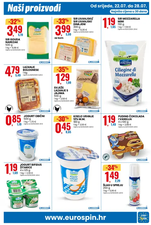 Eurospin katalog — stranica 3: TRE MULINI SVJEŽE LAZANJE S JAJIMA, Land ŠLAG U SPREJU, SIR LIVANJSKI/ SIR LIVANJSKI DIMLJENI, SIR GOUDA NARE স্বাদ 500 g (vrijedi 22. 07. 2026.–28. 07. 2026.)