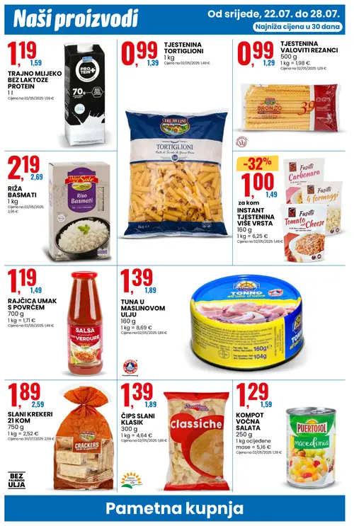 Eurospin katalog — stranica 4: EAT Fusilli Carbonara, Fusilli 4 formaggi, Fusilli Tomato Cheese, TRE MULINI Tjestenina Tortiglioni, TRE MULINI SLANI KREKERI 21 KOM, ATHENA TUNA U M Hamlinasovom ULJU (vrijedi 22. 07. 2026.–28. 07. 2026.)