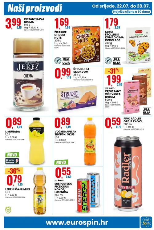 Eurospin katalog — stranica 5: LEDENI ČAJ LIMUN, Deliciano CROISSANT VIŠE VRSTA, Radler PIVO RADLER GREJP 2% VOL., VOĆNI NAPITAK TROPSKI OKUS (vrijedi 22. 07. 2026.–28. 07. 2026.)