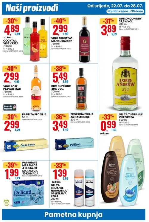 Eurospin katalog — stranica 6: VINO PRIMITIVO MANDURIA DOP, R VINO ROSE PLAVAC MALI, Delicati PAPIRNATE MARAMICE DELICATI 4 SLOJA, 10 MARAMICA, 30 KOMADA, RUM SUPERIOR 40% VOL. (vrijedi 22. 07. 2026.–28. 07. 2026.)