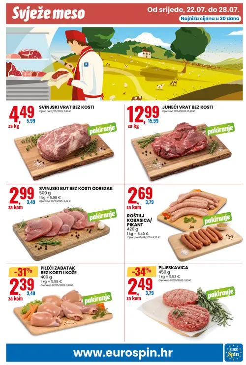 Eurospin katalog — stranica 9: PLJESKAVICA, PILEĆI ZABATAK BEZ Kosti I KOŽE, ROŠTILJ KOBASICA/PIKANT, SVINJSKI VRAT BEZ KOSTI (vrijedi 22. 07. 2026.–28. 07. 2026.)