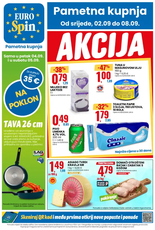 Eurospin katalog — stranica 1: TUNA U MASLINOVOM ULJU, MLIJEKO BEZ LAKTOZE, Classic TOALETNI PAPIR 3 SLOJA, 150 LISTOVA, 10 ROLA, DOMAĆI OTKOŠTENI BATA K I ZABATAK S KOŽOM (vrijedi 02.09.–08.09.2026.)
