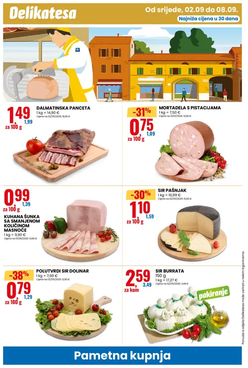 Eurospin katalog — stranica 10: POLUTVRDI SIR DOLINAR, MORTADELA S PISTACIJAMA, SIR PAŠNJAK, KUHANA ŠUNKA SA SMANJENOM KOLIČINOM MASNOĆE (vrijedi 02.09.–08.09.2026.)