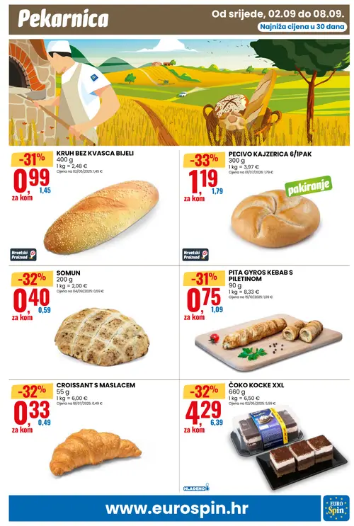 Eurospin katalog — stranica 11: PECIVO KAJZERICA 6/IPAK, CROISSANT S MASLACEM, SOMUN, KRUH BEZ KVASCA BIJELI (vrijedi 02.09.–08.09.2026.)