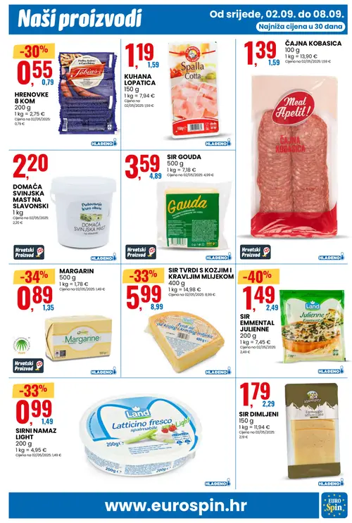 Eurospin katalog — stranica 3: Land SIR EMMMENTAL JULIENNE, MARGARIN, Land SIRNI NAMAZ LIGHT, SIR TVRDI S KOZJIM I KRAVLJIM MLIJEKOM (vrijedi 02.09.–08.09.2026.)